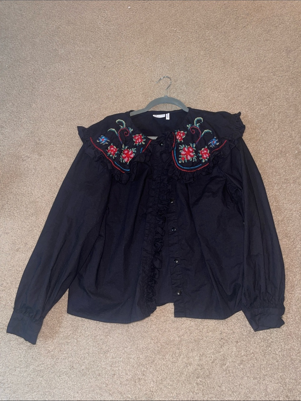 ASOS Black Blouse with Embroidered Floral Collar